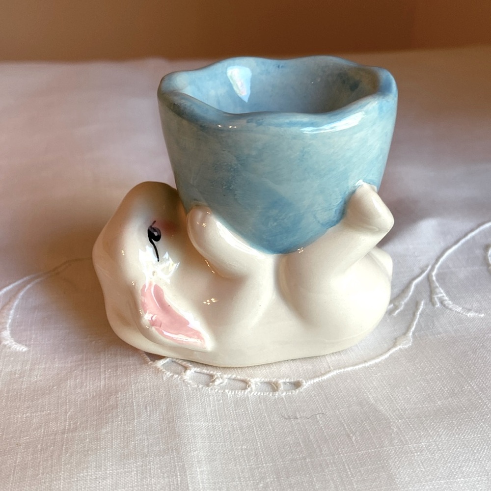 Studio 33 Rabbit Egg Cup White Bunny holding blue Egg Cup made in China Easter